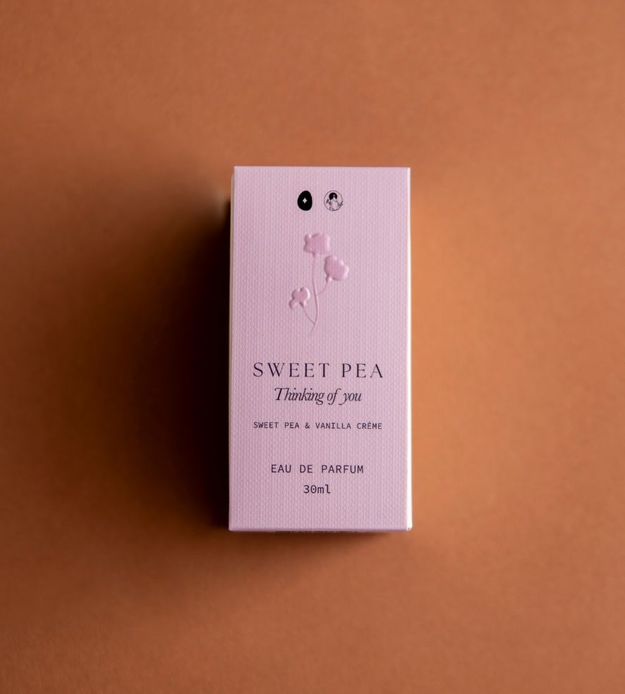 Pink Sweet Pea eau de parfum box with embossed flowers on a terracotta background