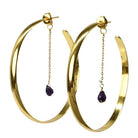Euro Gold flat hoop earrings with purple-red garnet teardrop drops on fine chains