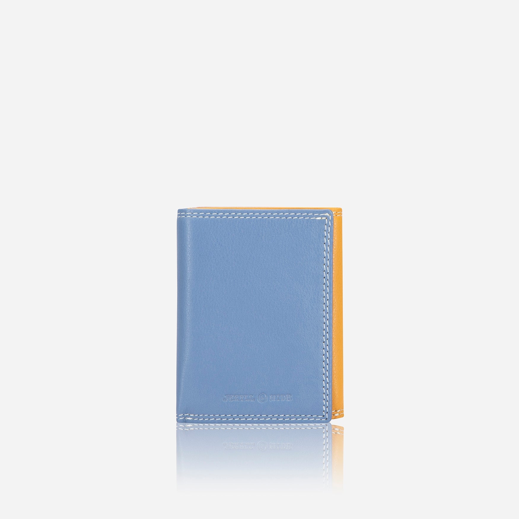 Jekyll & Hide tri-fold card holder in Fiji colourway, sky blue front with orange spine