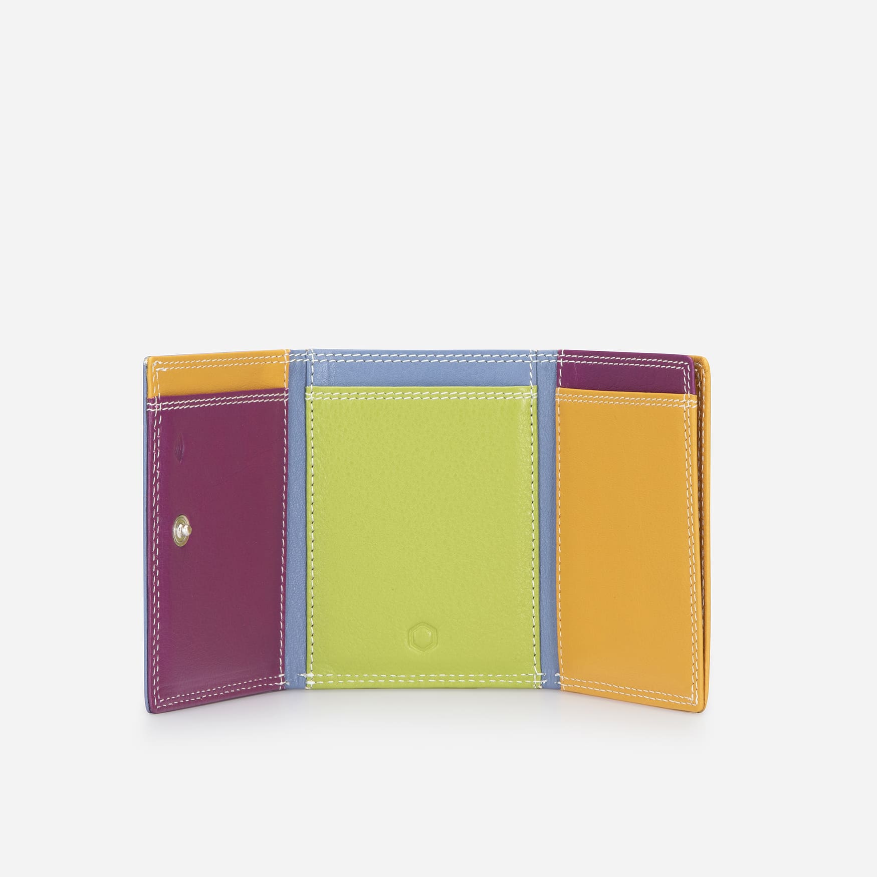 Tri-fold card holder open showing plum, lime and mustard leather card pockets