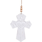 White-washed timber cross with a carved heart centre, hung from rustic twine with three wooden beads