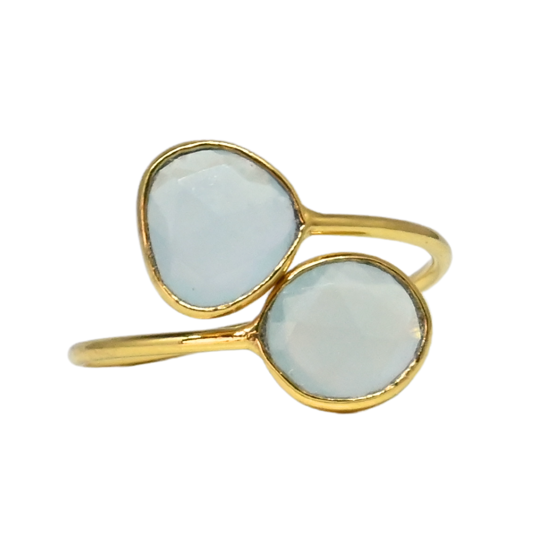Euro Gold open cuff ring with two pale aqua chalcedony-style gems