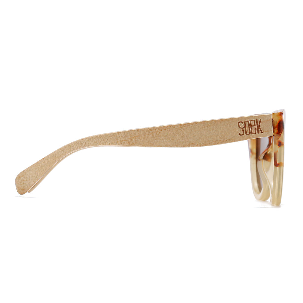 Flutter sunglasses folded, side on, showing the full length of the maple arms