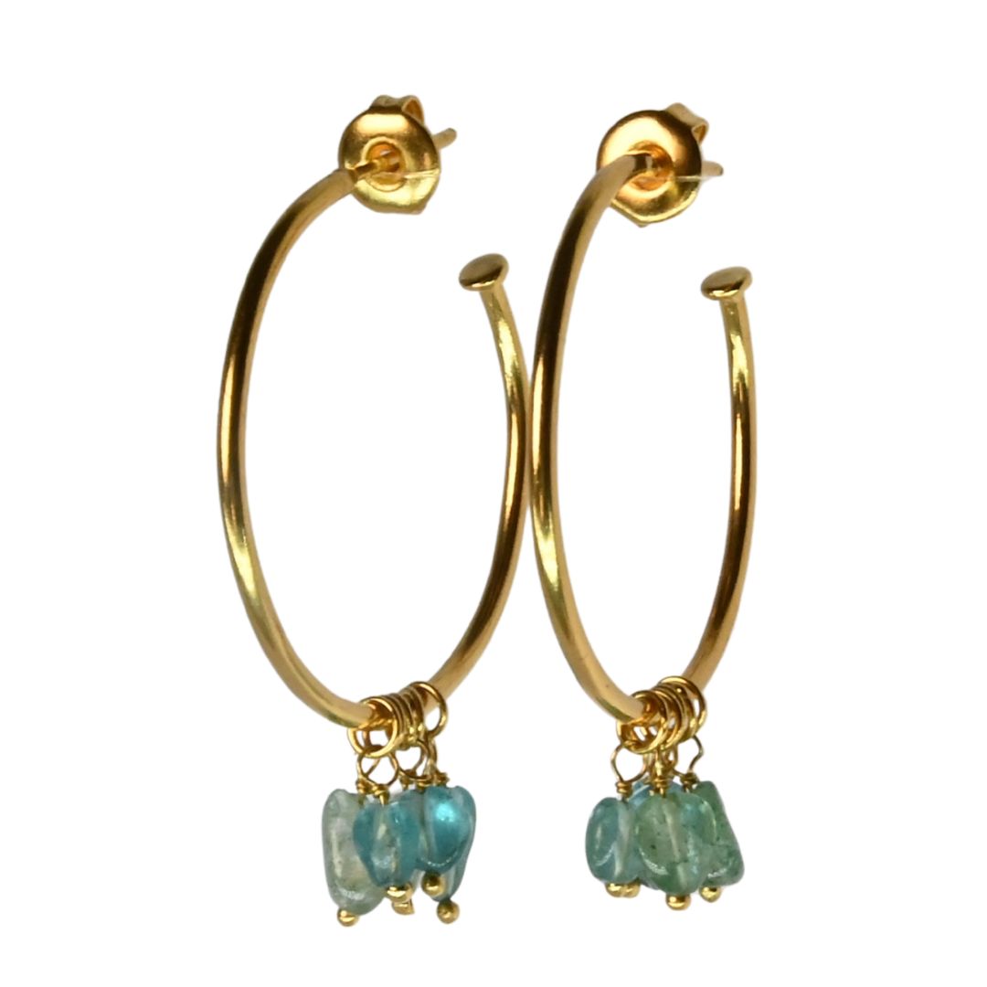 Euro Gold hoop earrings with clusters of aqua-green gemstone chip drops