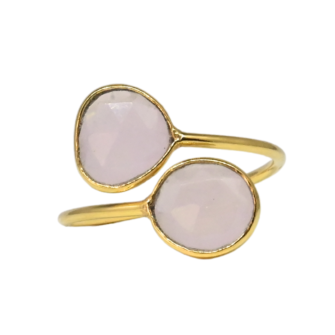 Euro Gold open cuff ring with two blush-pink rose quartz-style gems