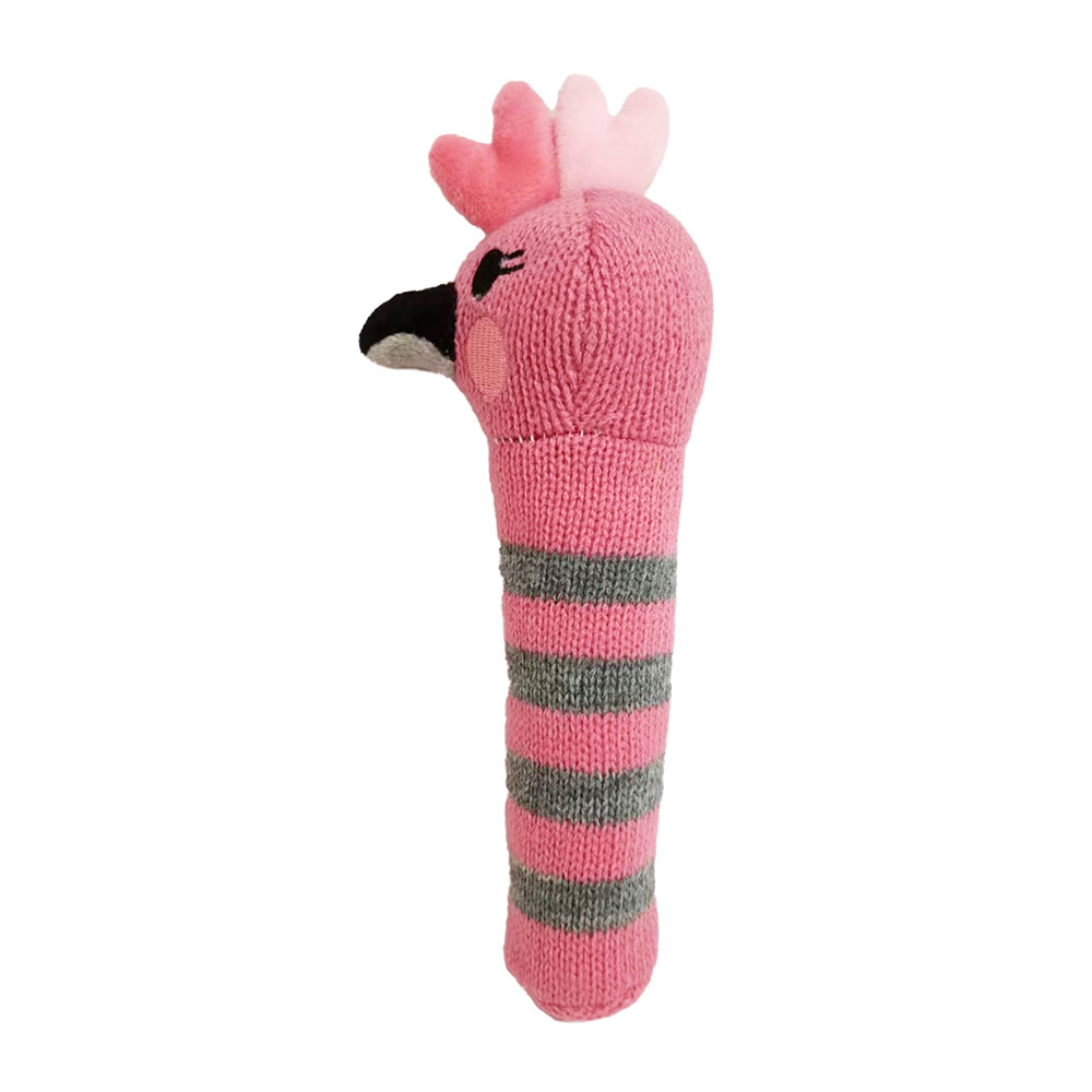 Pink galah knit hand rattle with a grey striped handle