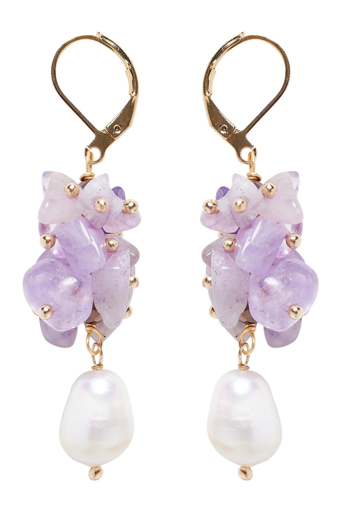 Pair of drop earrings: pale purple stone chips studded with gold beads over a baroque freshwater pearl, on gold lever-back hooks