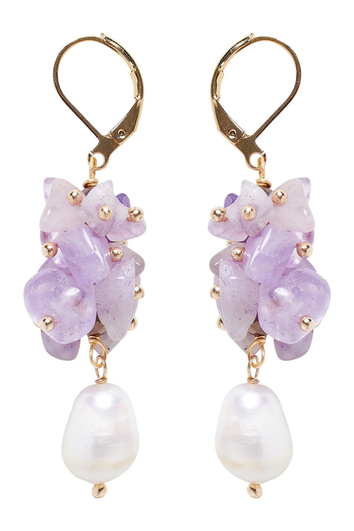 Pair of drop earrings: pale purple stone chips studded with gold beads over a baroque freshwater pearl, on gold lever-back hooks