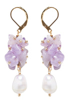 Pair of drop earrings: pale purple stone chips studded with gold beads over a baroque freshwater pearl, on gold lever-back hooks