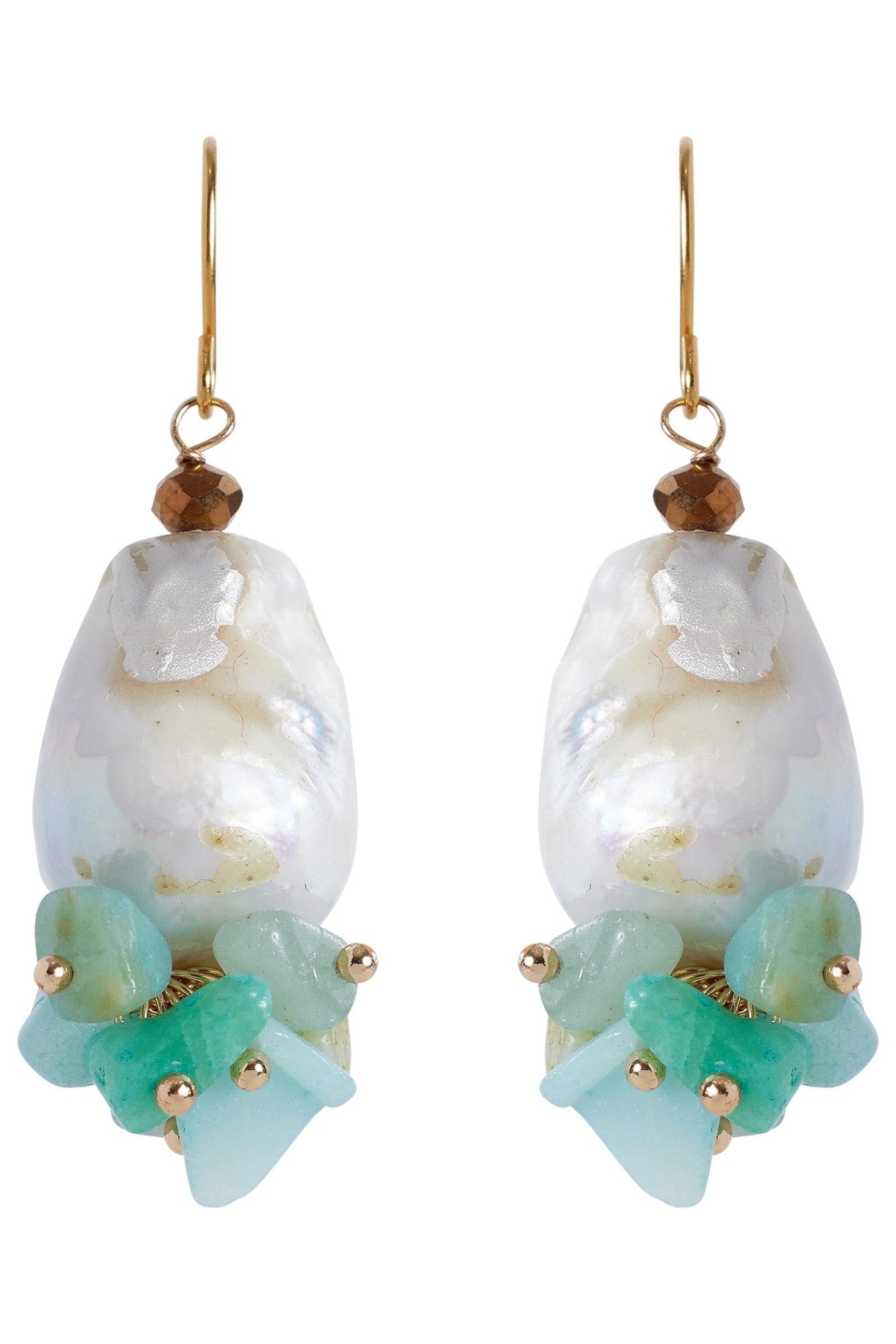 Pair of Fern drop earrings: jade and aqua stone chips under a baroque freshwater pearl, on gold hooks