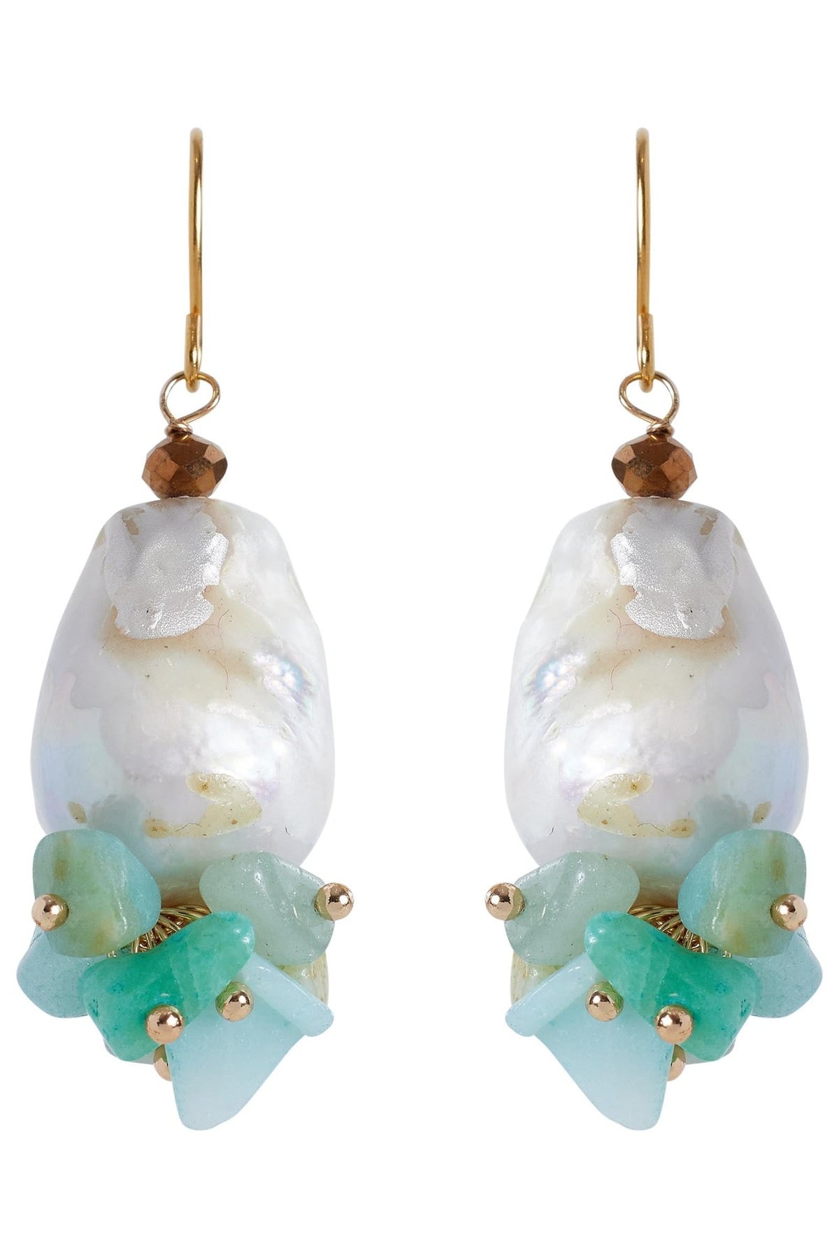 Pair of Fern drop earrings: jade and aqua stone chips under a baroque freshwater pearl, on gold hooks