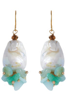 Pair of Fern drop earrings: jade and aqua stone chips under a baroque freshwater pearl, on gold hooks