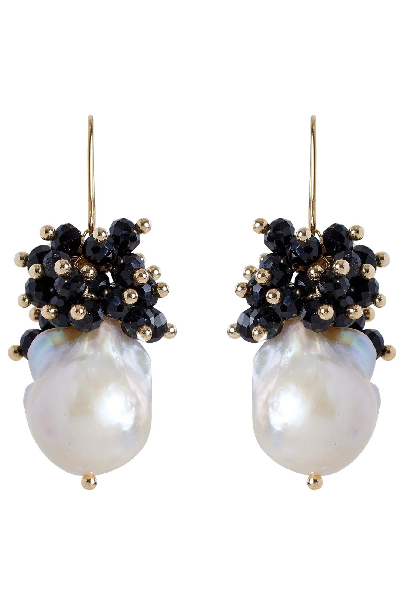 Pair of Black drop earrings: a cluster of black faceted beads and gold beads above a baroque freshwater pearl, on gold hooks
