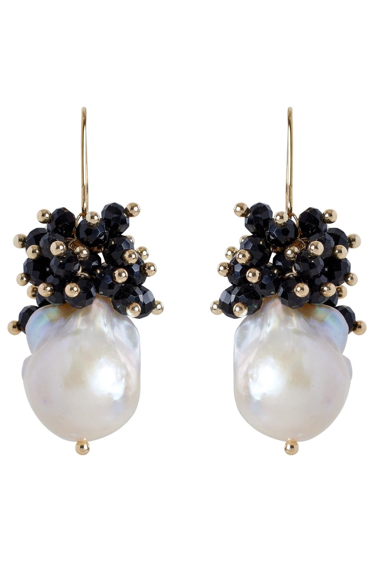 Pair of Black drop earrings: a cluster of black faceted beads and gold beads above a baroque freshwater pearl, on gold hooks