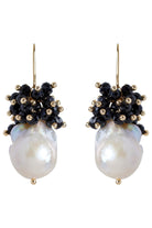 Pair of Black drop earrings: a cluster of black faceted beads and gold beads above a baroque freshwater pearl, on gold hooks
