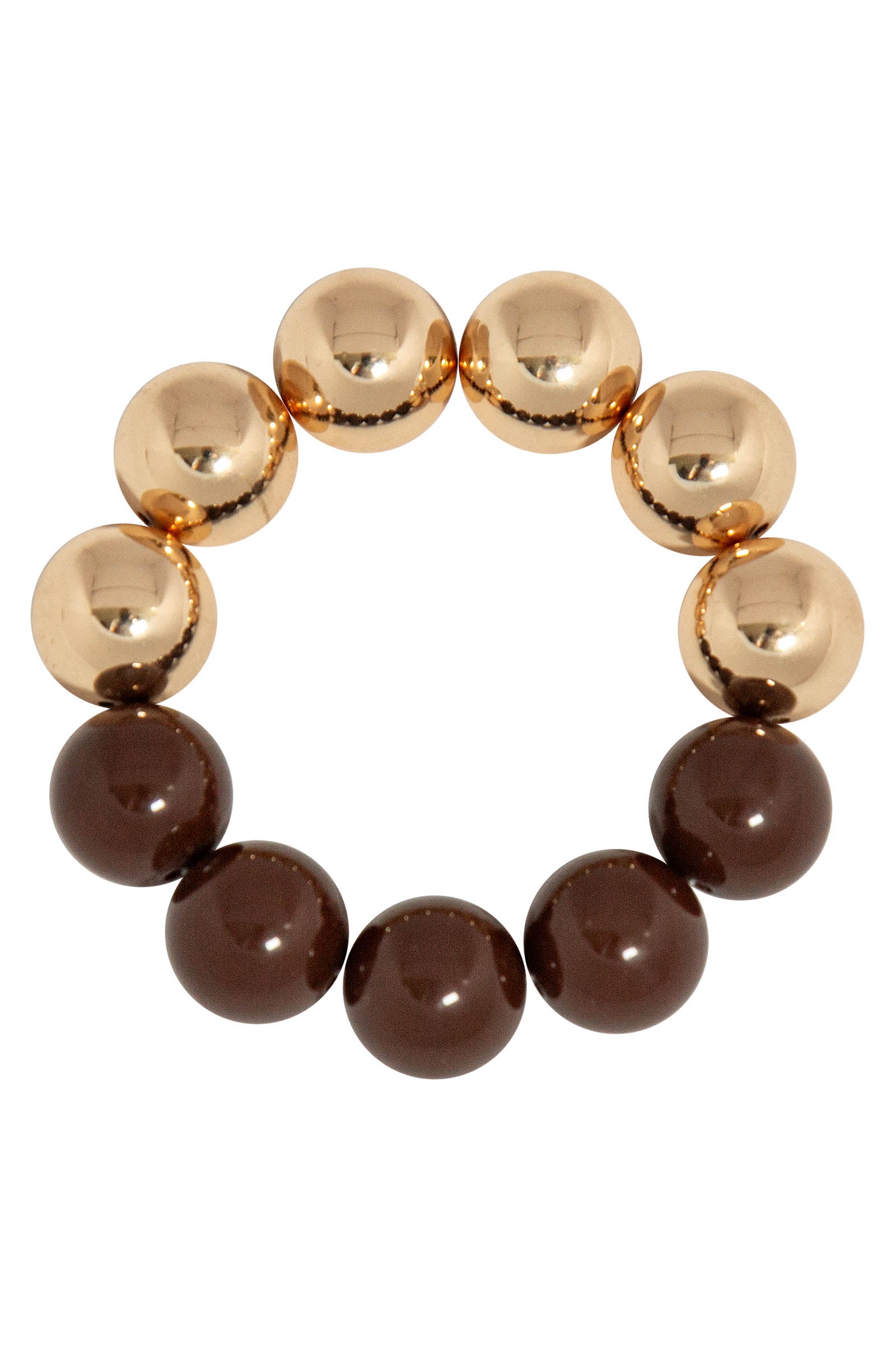 Bracelet of large round beads, gold-tone along the top and toffee brown along the bottom