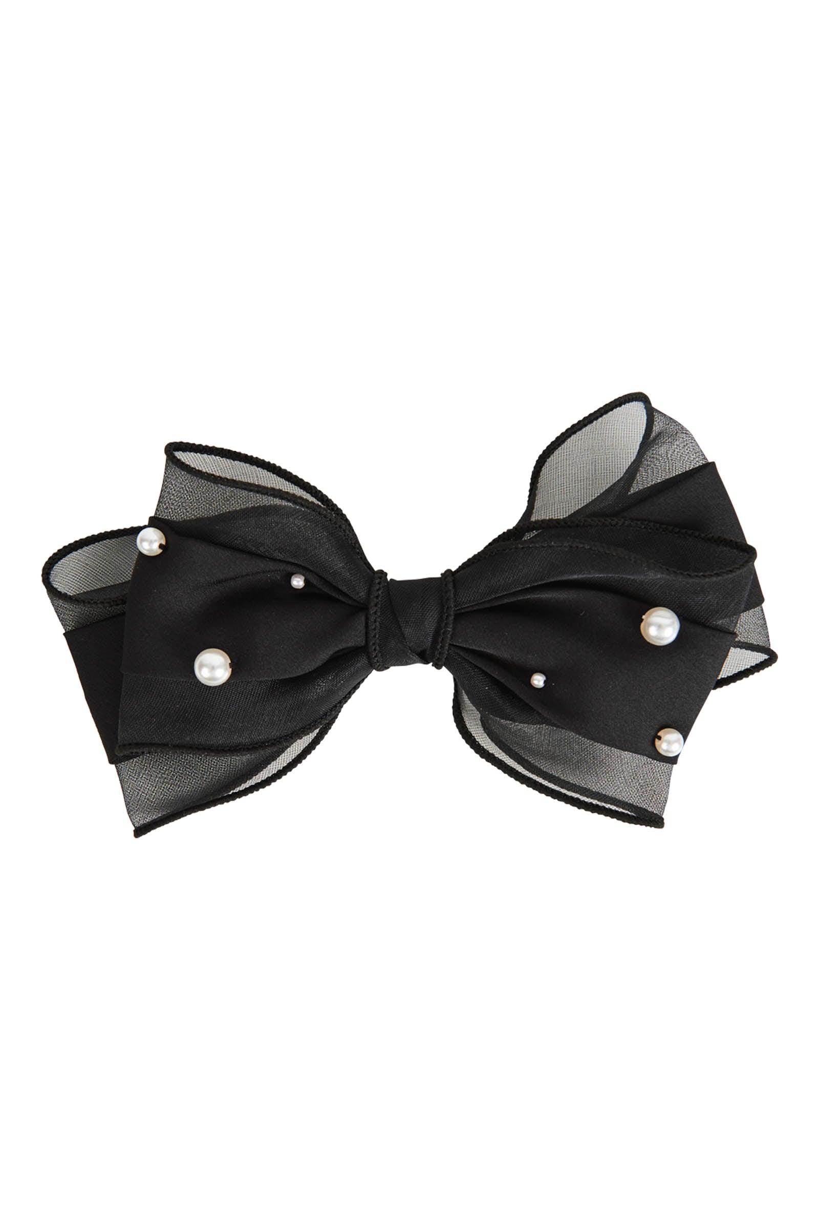 Black organza bow hair clip dotted with small pearl-look beads