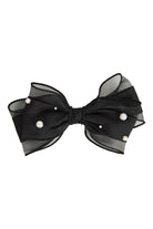 Black organza bow hair clip dotted with small pearl-look beads