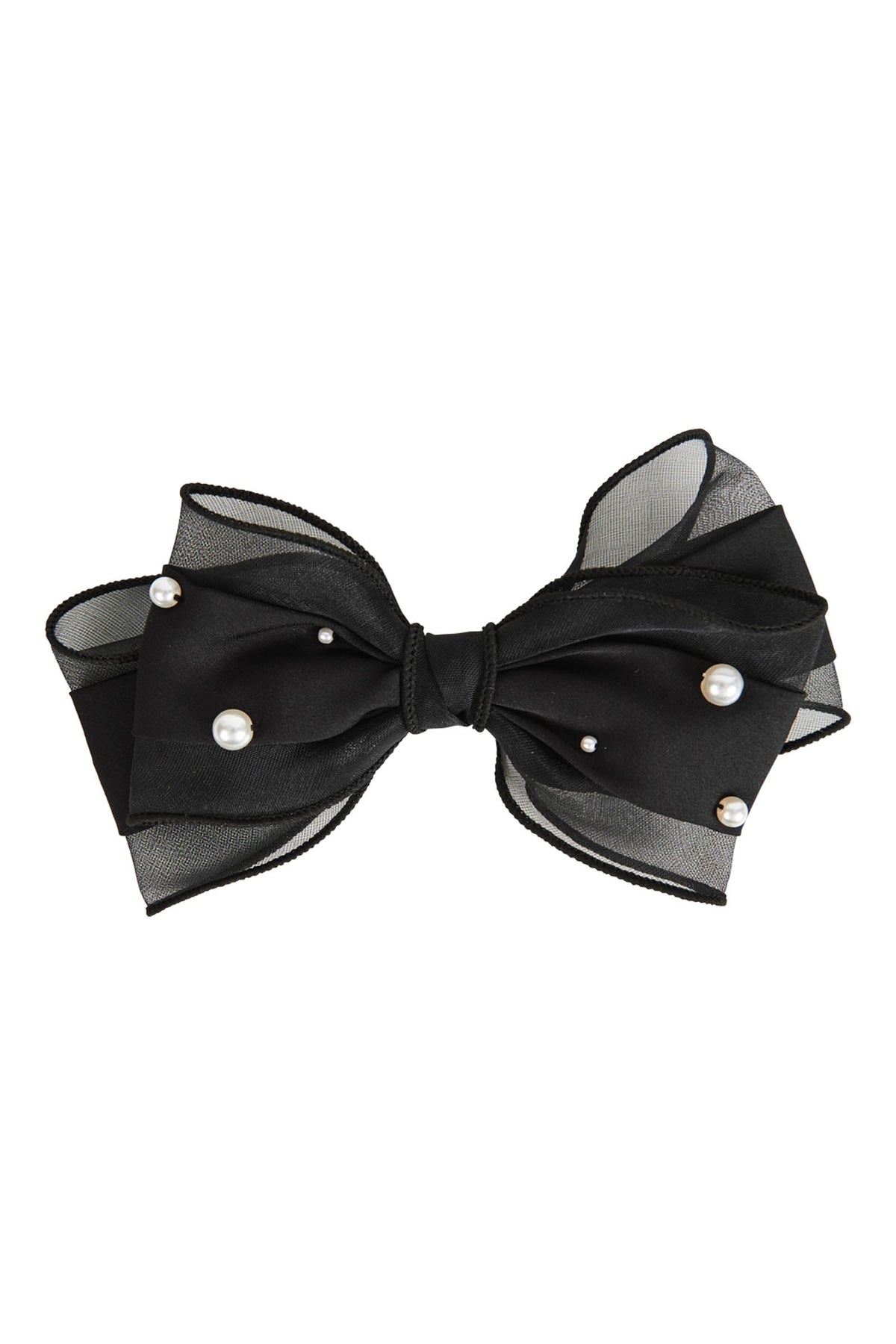 Black organza bow hair clip dotted with small pearl-look beads