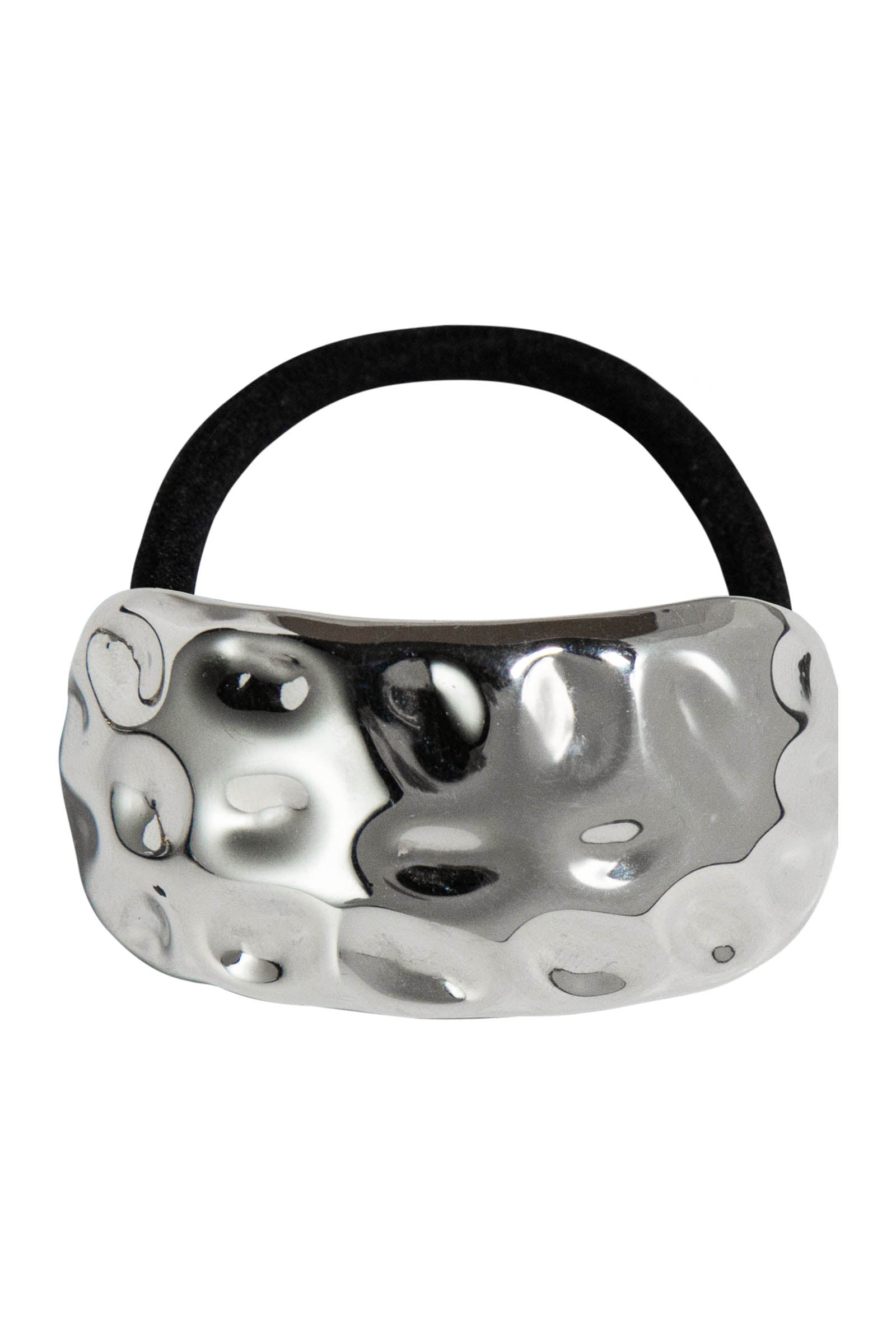 Curved hammered silver-tone metal cuff on a black elastic hair tie