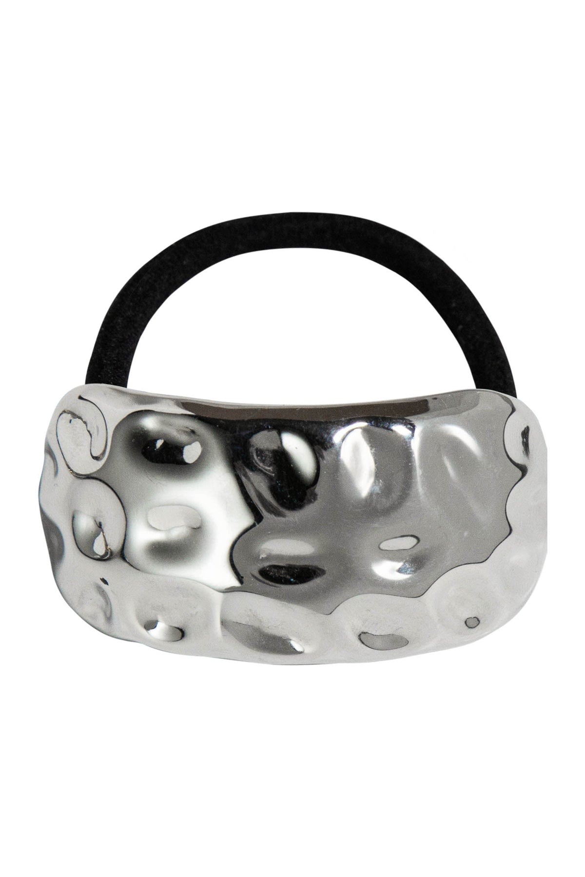Curved hammered silver-tone metal cuff on a black elastic hair tie