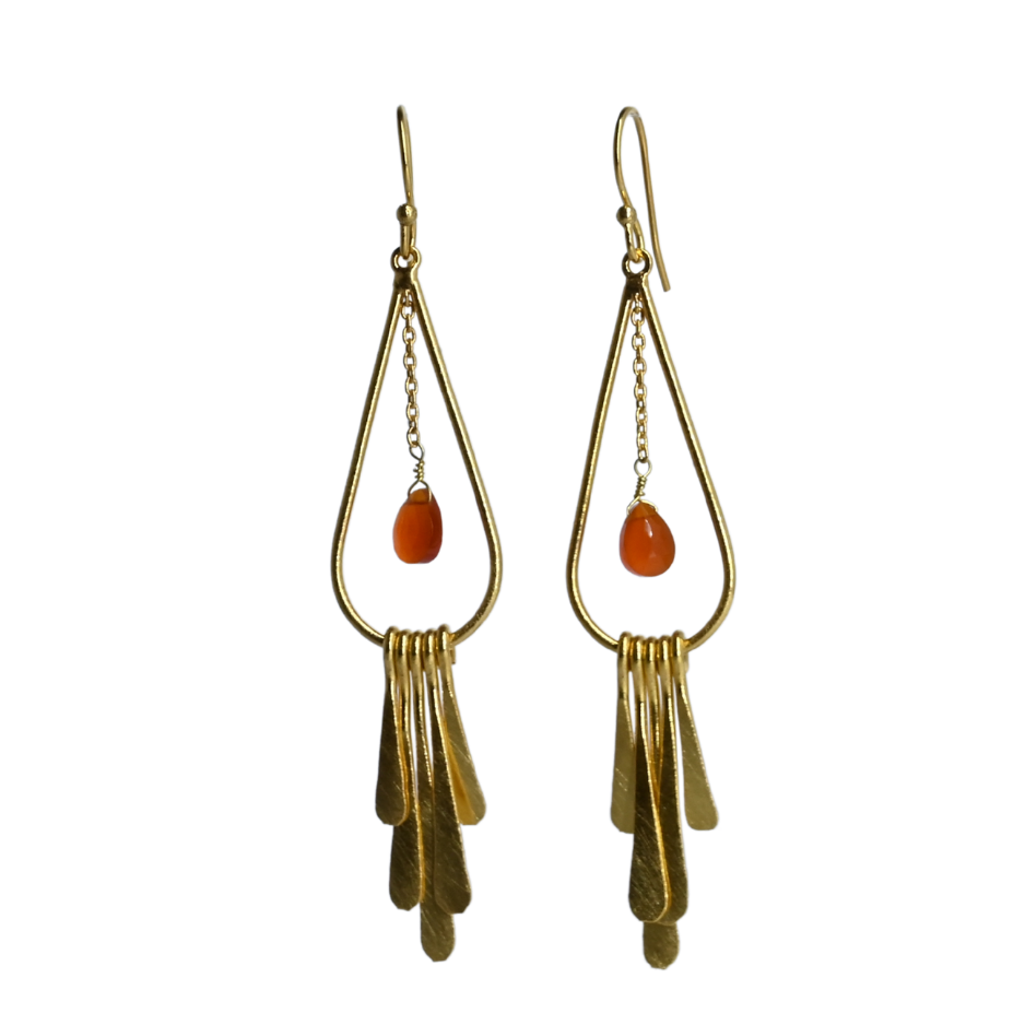 Euro Gold teardrop fringe earrings with carnelian-orange gem drops