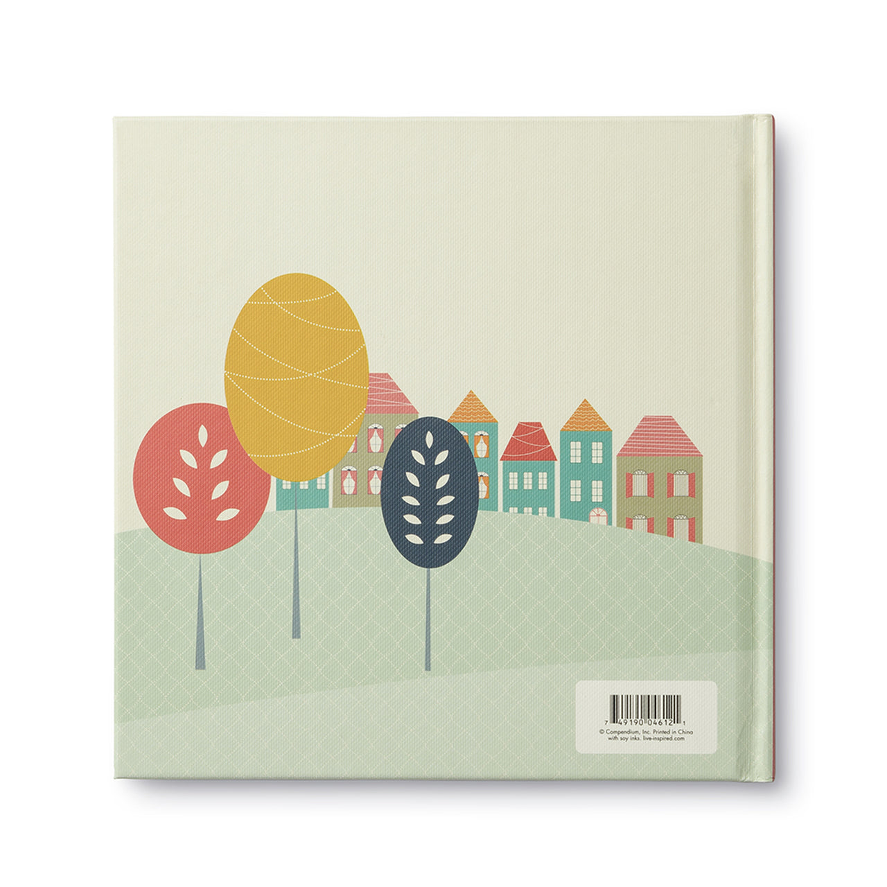 Back cover with stylised trees and small houses above the barcode panel