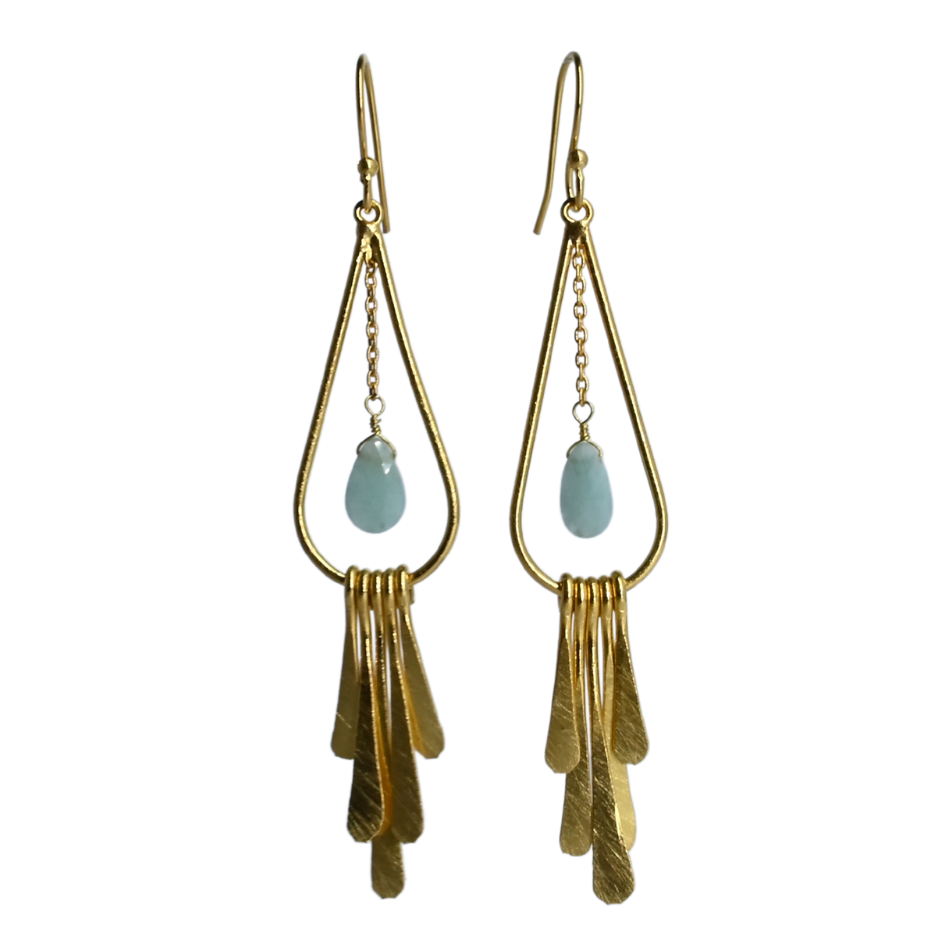 Euro Gold teardrop fringe earrings with aqua amazonite-style gem drops