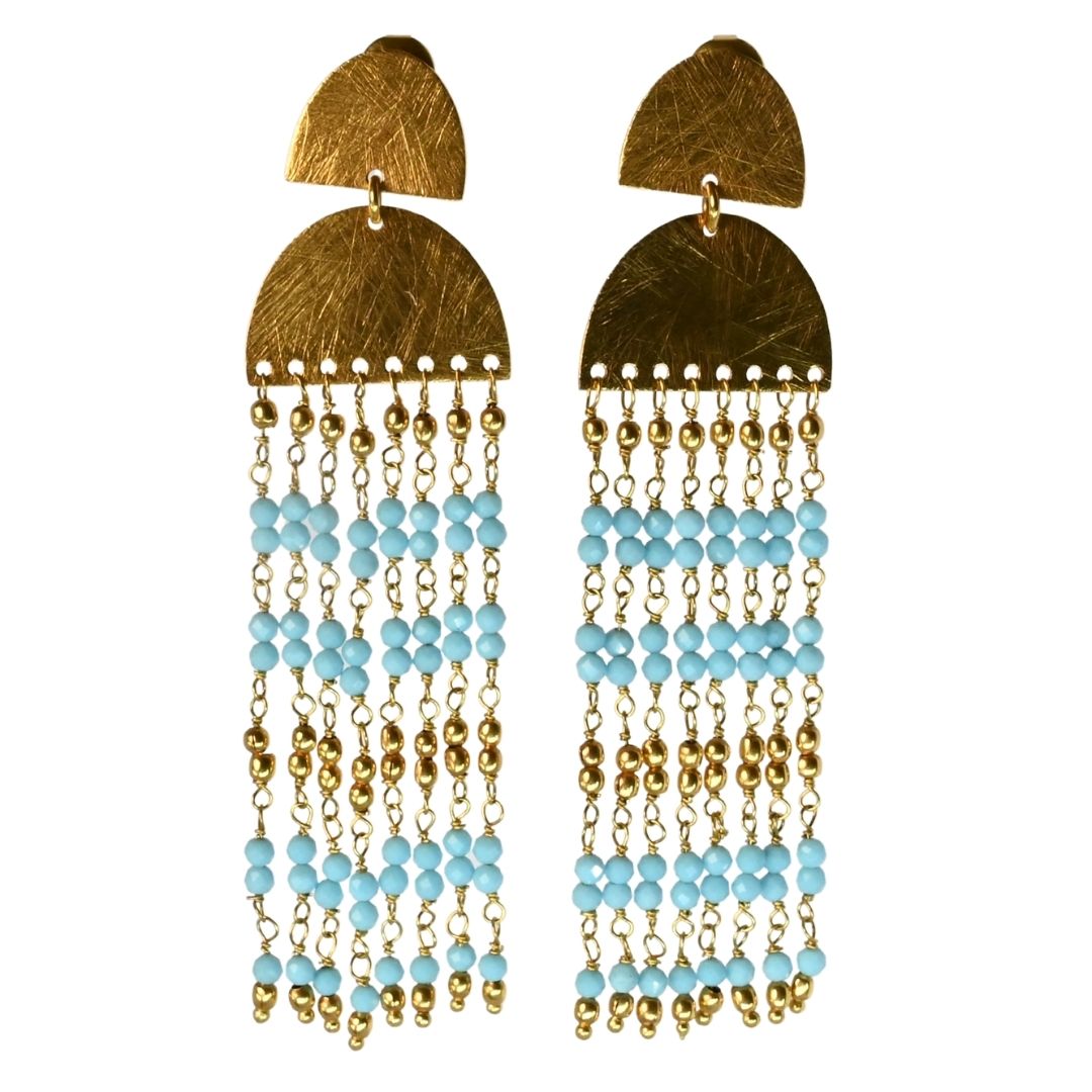 Euro Gold cascade earrings with turquoise-blue bead strands