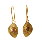 Brushed gold leaf drop earrings set with a small round orange-red carnelian