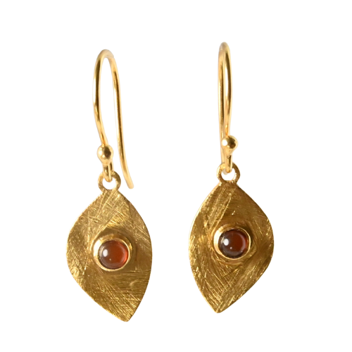 Brushed gold leaf drop earrings set with a small round orange-red carnelian