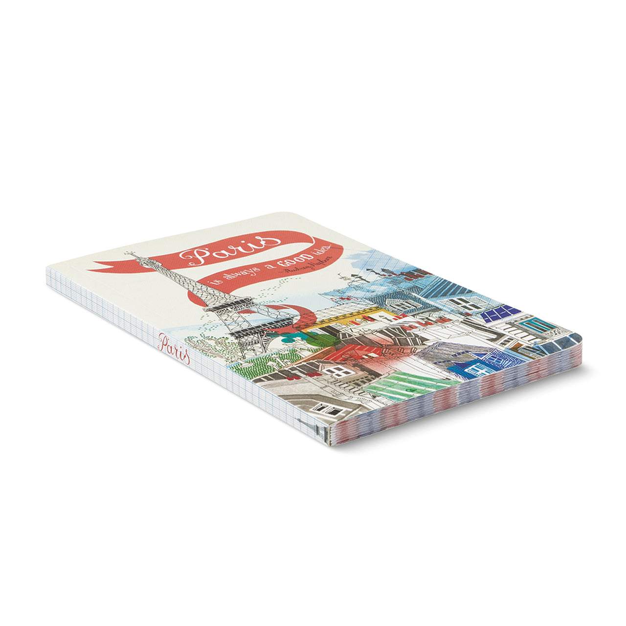 Angled view of the Paris softcover journal showing its airmail-striped page edges