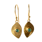Closer view of the brushed gold leaf drop earrings with a small round teal-green stone