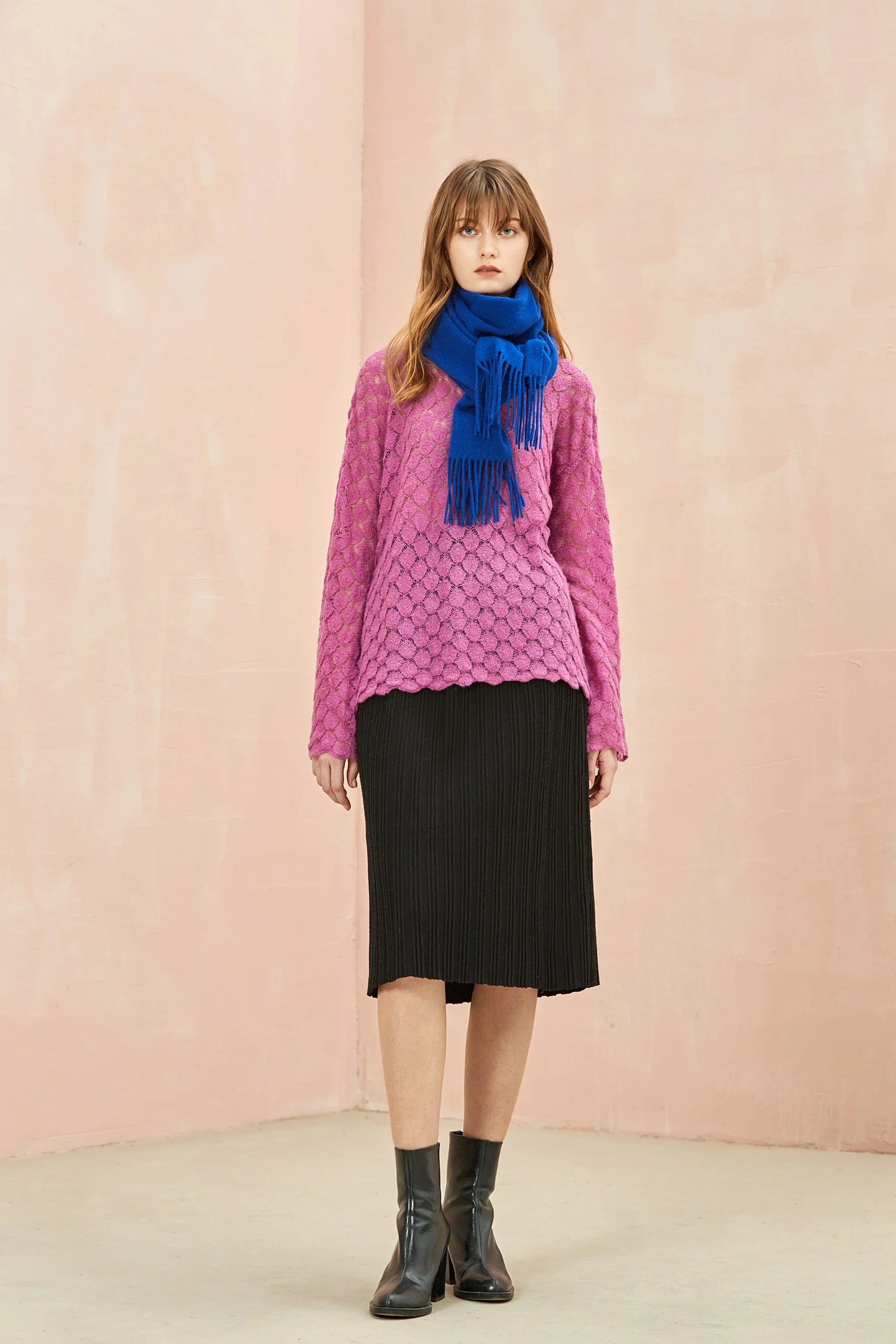Model with the Veronica Blue scarf wrapped once, full length