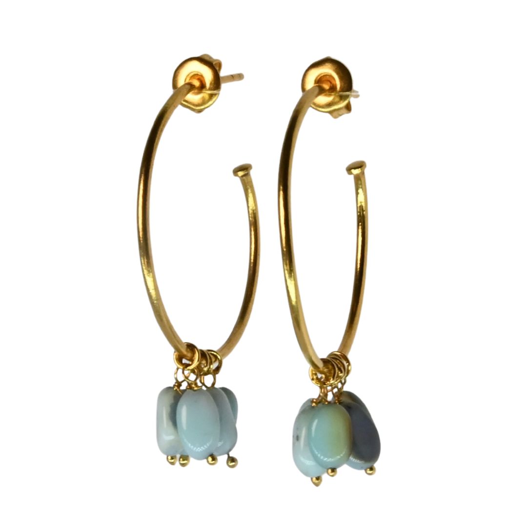 Euro Gold hoops with pale blue and teal gemstone chip drops
