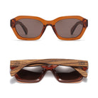 Stray Coffee Bean sunglasses front on and folded from above, showing the striped walnut wood arms