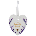 Second angle of the Beautiful Friend ceramic heart showing its lavender border and ribbon hanger