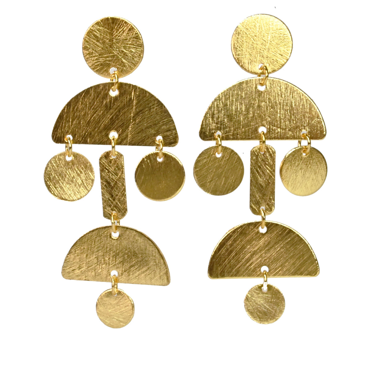 Brushed gold drop earrings stacking round discs, half-moons and a small bar