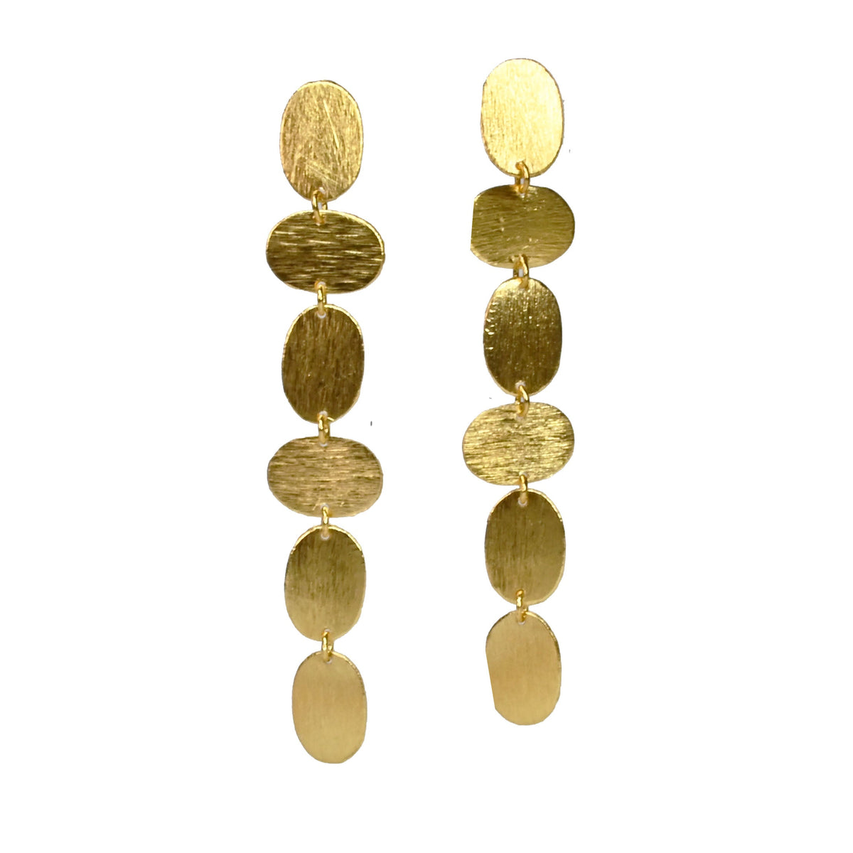 Brushed gold stud earrings with a long drop of linked ovals