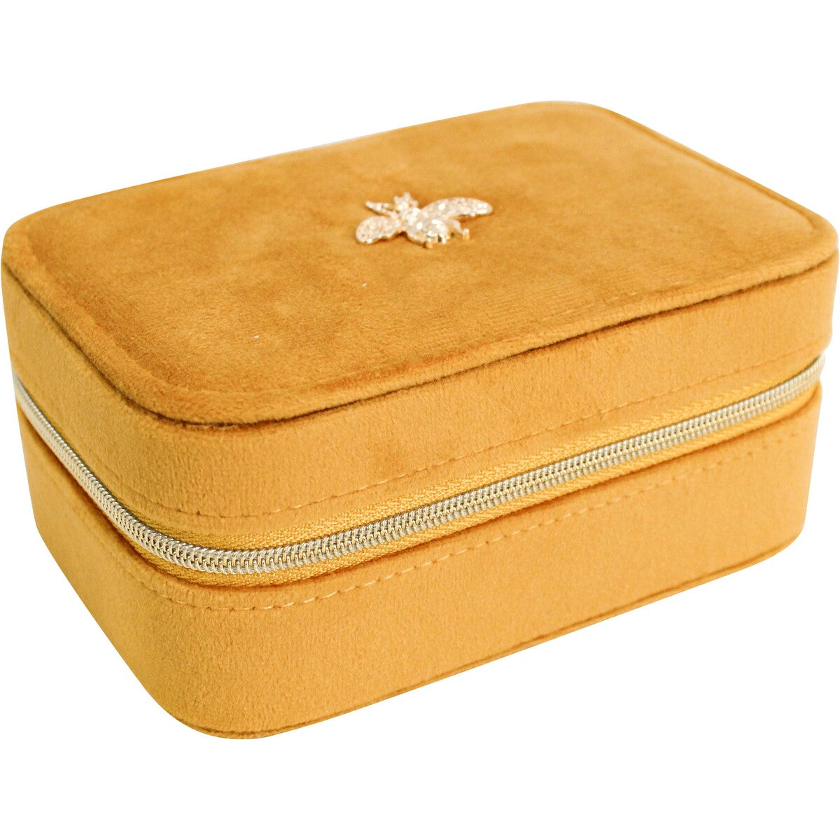 Angled view of the closed mustard velvet jewellery case showing its zip-around design