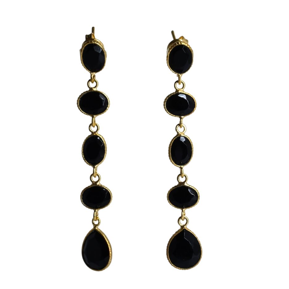 Euro Gold long drop earrings with five linked black onyx gems