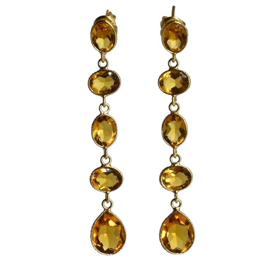 Euro Gold long drop earrings with five linked golden citrine gems