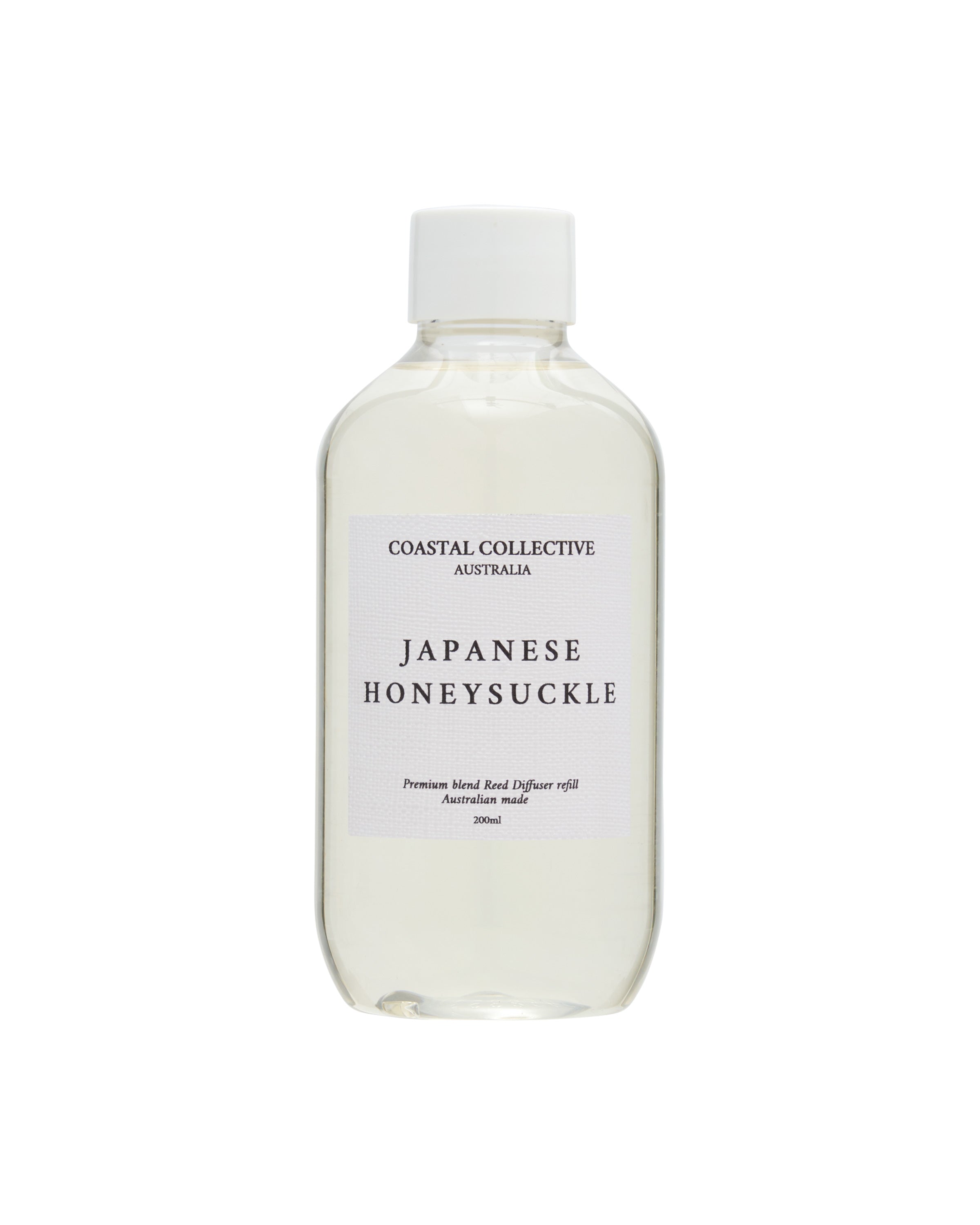 Japanese Honeysuckle diffuser refill, a clear 200 mL bottle of pale liquid with a white cap and white label.