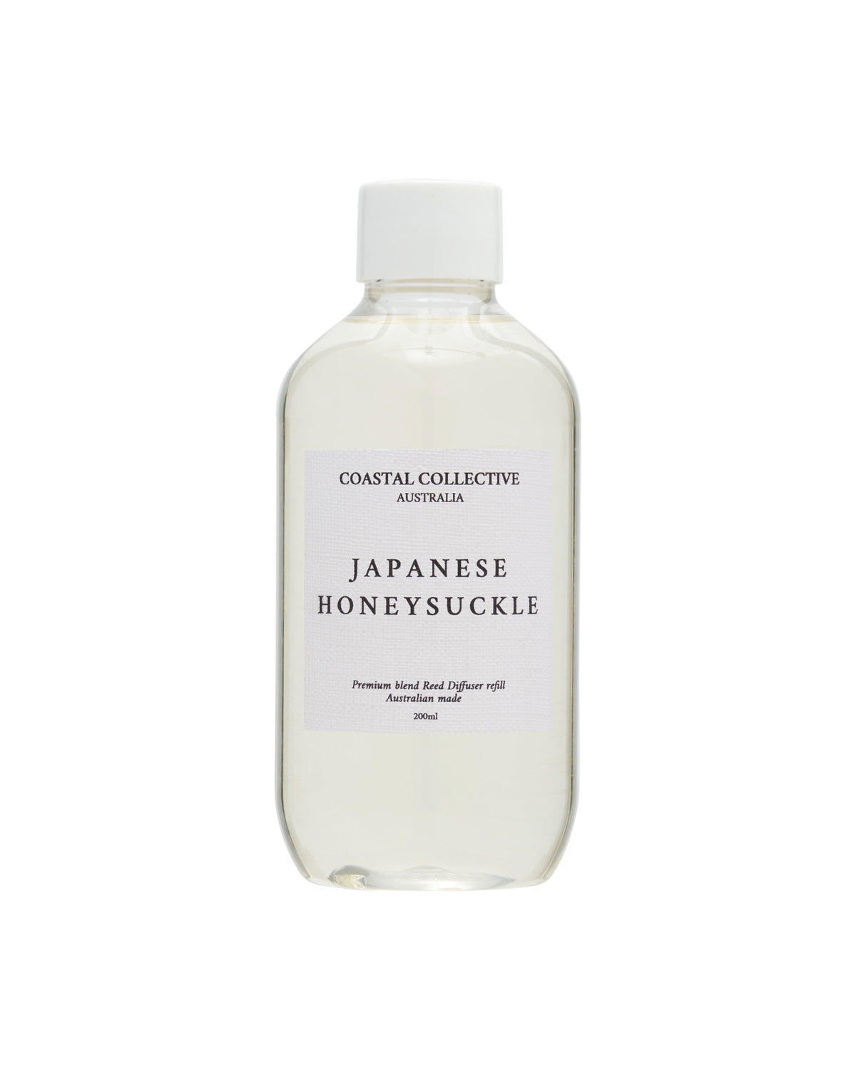 Japanese Honeysuckle diffuser refill, a clear 200 mL bottle of pale liquid with a white cap and white label.