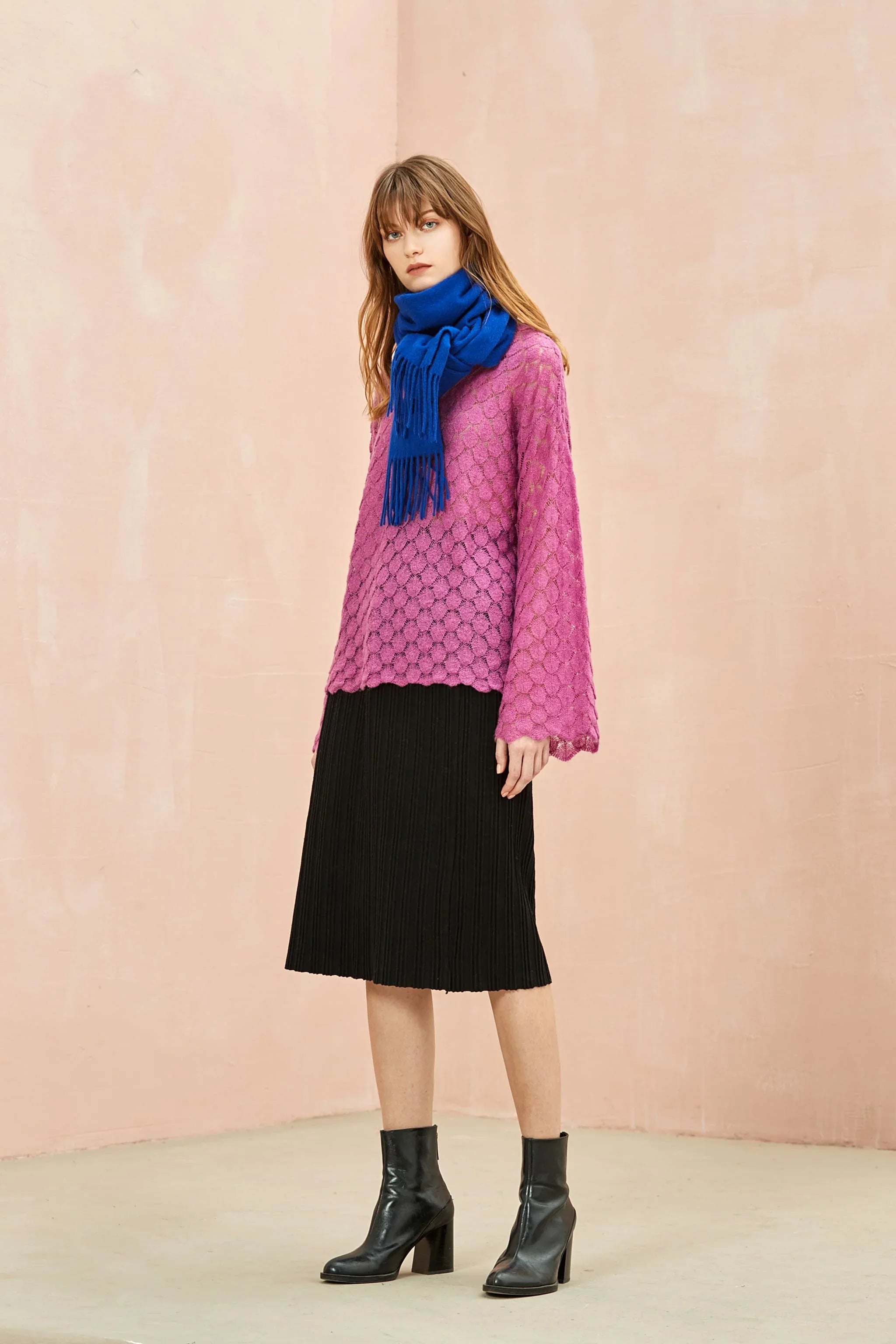 Side view of the Veronica Blue cobalt scarf worn long