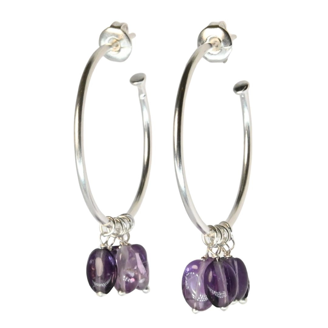 Euro Silver hoop earrings with amethyst-purple gemstone chip drops