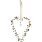 Gold wire hanging heart threaded with champagne, silver and grey beads, pearl-look beads, small gold flowers and a clear teardrop, on a sheer ribbon