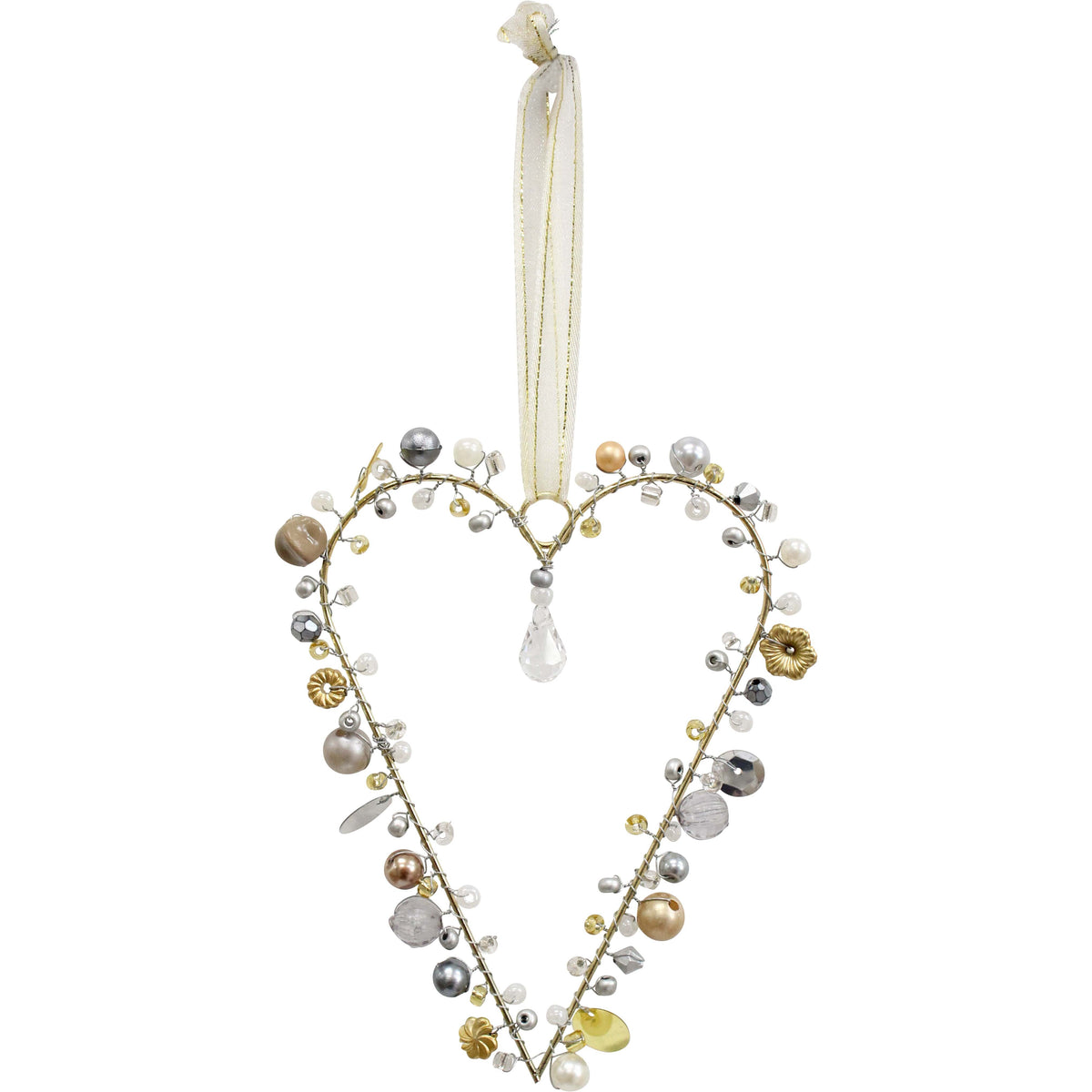 Gold wire hanging heart threaded with champagne, silver and grey beads, pearl-look beads, small gold flowers and a clear teardrop, on a sheer ribbon