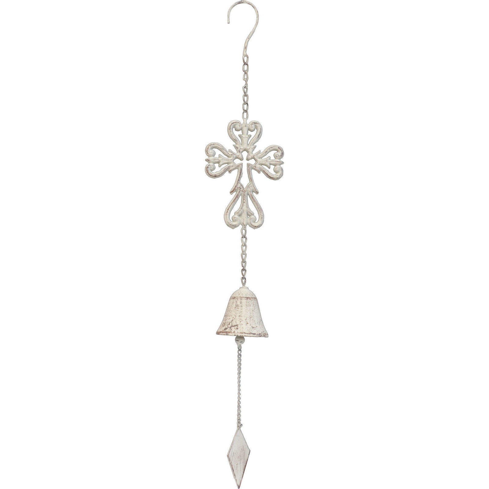 White-washed metal hanging bell with an ornate cross top, chain hanger and diamond-shaped clapper charm
