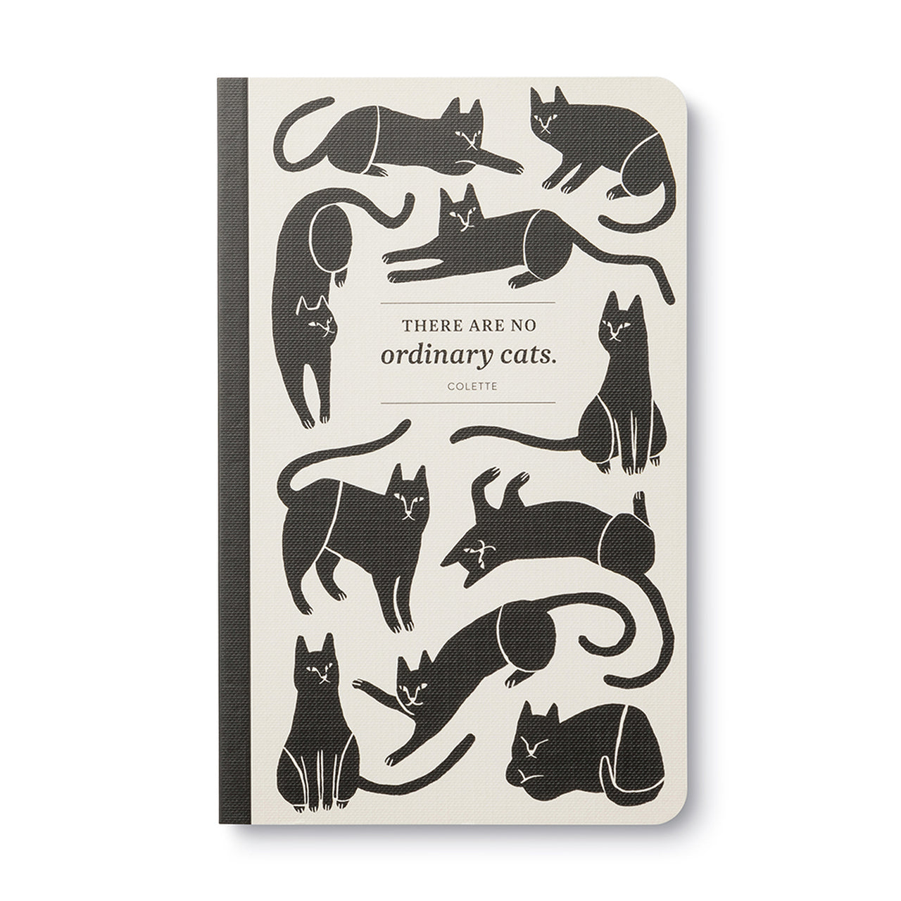 Cream journal cover patterned with black cat silhouettes above the words there are no ordinary cats